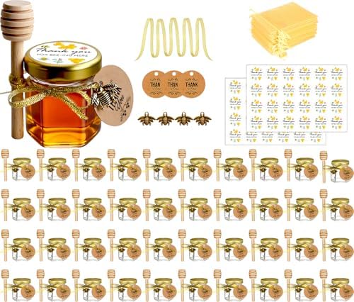 Small Honey Jar, Mini Honey Jars with Dippers, Hexagonal Jars 1.5oz 40 Pack by Ahhute