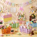 Funnymoom 24 Pcs Basket for Gifts Empty Pastel Plaid Gift Basket Empty to Fill with Handle, Transparent Bag and Bow for Summer Wedding Birthday Tea Party Favor Supply, 9.8x6.5'' - Image 2