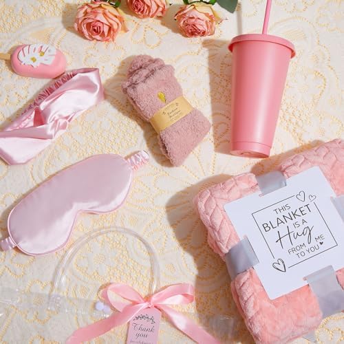 Nuogo 6 Set 43 Pcs Baby Shower Prizes for Game Winners Baby Shower Favors Gifts Include Plastic Tumbler Blanket Eye Masks Silk Headband Bag Socks Tag Ribbon, Bridal Player Winners Game Gifts (Pink) - Image 4