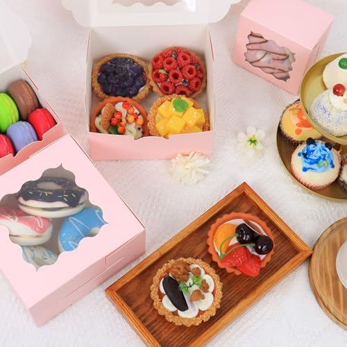 100 pcs 6x6x3 Inch Cookie Boxes with Window, Pink Cookie Boxes for Gift Giving, Bakery Boxes for Cookies, Macarons, Donuts, Pastries - Image 5