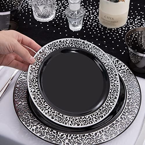NOCCUR 210PCS Black and Silver Dinnerware Set for 30 Guests - Black Plastic Plates with Silver Rim Include 30 Dinner / 30 Dessert Plates, 30 Prewrapped Silverware, 30 Cups Ideal for Party/Graduation - Image 4
