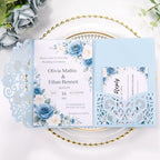 50pcs Dusty Blue Laser Cut Wedding Invitations Card Pocket with Envelope by Maffily