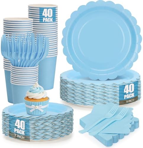 200Pcs Light Blue Party Plates and Napkins, 9’’and 7’’ Disposable Scalloped Baby Blue Paper Plates Cups Napkins Forks Set Party Supplies for Birthday, Wedding, Baby Shower Party Decorations, Serves 40 by CENLBJ
