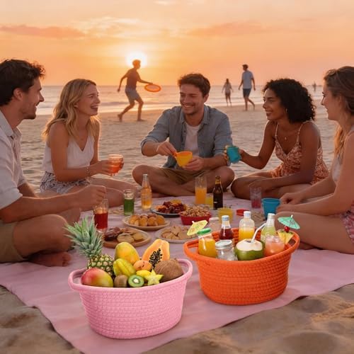 LemonRoad 5 Pcs Cotton Rope Basket with Handles 9x6x5" Pink Orange Color - Image 6