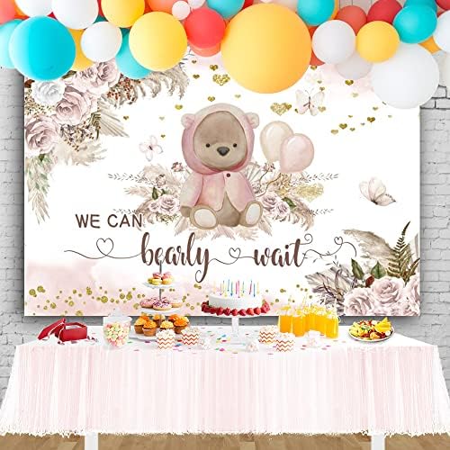 Boho We Can Bearly Wait Backdrop Girl's Baby Shower Party Background 10x8ft Pink Floral Bohemian Pampas Grass Bear Girls Baby Shower Photography Background Newborn Baby Portrait Photo Backdrop - Image 2