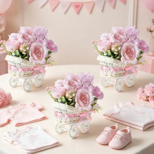 3 Set Rattan Baby Carriage Floral Arrangement with Bouquet for Baby Shower Table Centerpiece Stroller for Gender Reveal Party Decor Favor by Unknown