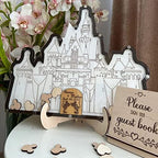 Personalized Wedding Wooden Guest Book: Creative Acrylic Custom Name Alternative Inserts Box DIY Custom Rustic Wedding Heart Drop Guest Book for Graduation Anniversary Wedding Decor (Castle) - Image 2