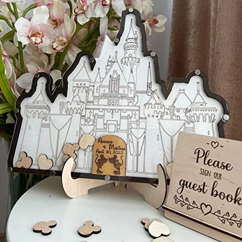 Personalized Wedding Wooden Guest Book: Creative Acrylic Custom Name Alternative Inserts Box DIY Custom Rustic Wedding Heart Drop Guest Book for Graduation Anniversary Wedding Decor (Castle) - Image 2