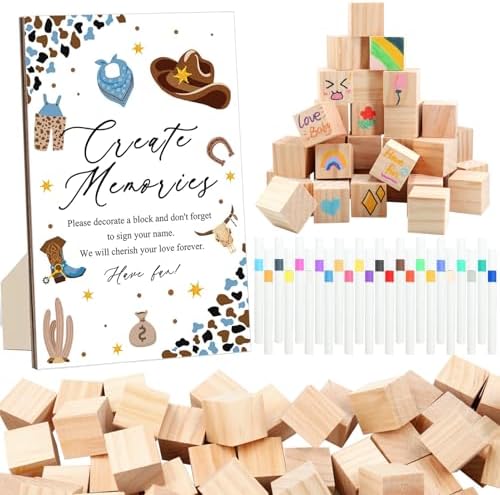 97 Pcs Baby Shower Games Sign Kit,Including Decorate a Block Game Sign 72 DIY Blank Wooden Block 24 Pen to Draw Your Idea for Cowboy Baby Shower Party Game Gender Reveal Party by ZCPTZ