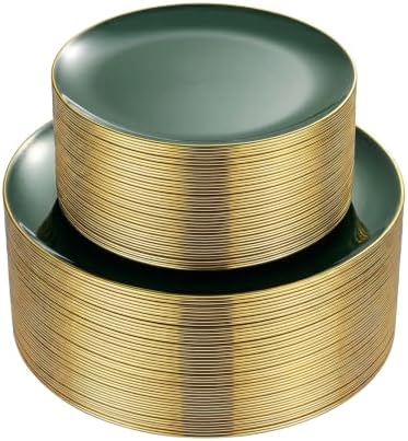 PULOTE 100PCS Green Plastic Plates - Green Disposable Plates With Gold Rim - Include 50 Pieces Dinner 10.25inch,50 Pieces Dessert 7.5inch for Party&Christmas by PULOTEpartywareWesupplyproductsandyouenjoylife