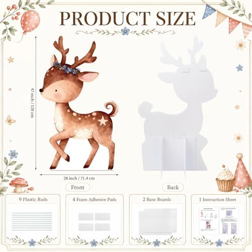 3.93ft Woodland Animal Deer Cardboard Cutout Giant Fawn Standee with Stand 47x28in Plastic Corrugated Board Photo Booth Prop for Forest Theme Baby Shower Birthday Party Yard Decorations - Image 2
