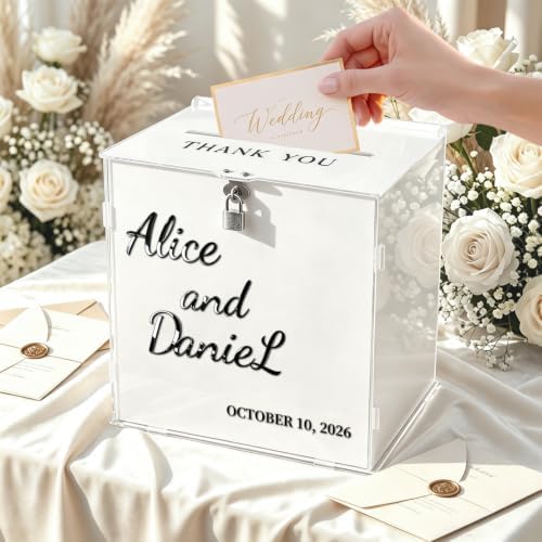 OASF&QPPTY Custom Wedding Card Box with Lock, Elegant Personalized Wedding Card Box for Reception, Graduation, Baby Shower - Secure PVC Money Box for Cards and Well Wishes, Elegant Party Table Decor - Image 6