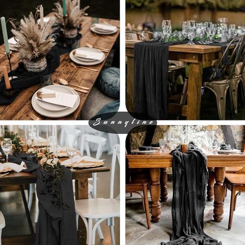 Black 12 Pcs Cheesecloth Table Runner 10FT Gauze Fabric Boho Cheese Cloth Table Runner Decoration Rustic Semi Sheer Runner for Wedding Birthday Baby Bridal Shower Party Table (35 x 120 Inches Long) - Image 6