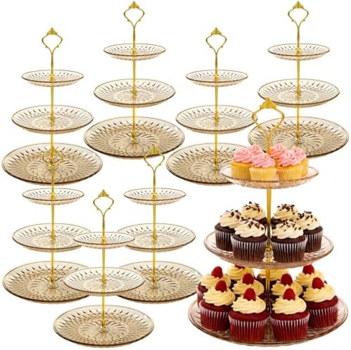 Patelai 8 Packs 3 Tier Acrylic Cake Stand with Round Holder 3 Tier Serving Tray Acrylic Crystal Cupcake Stand Holder for Home Wedding Birthday Baby Shower Tea Party Favors(Clear Amber, Golden Crown) by Patelai