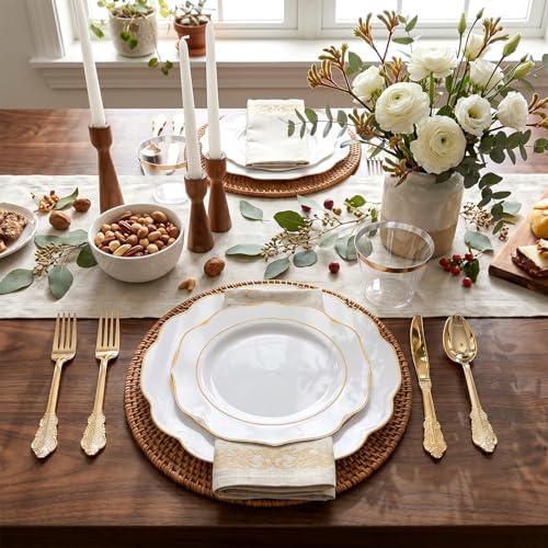 NOCCUR 175PCS Gold Plastic Plates with Disposable Silverware - White Gold Plastic Tableware Include 25 Dinner /25 Dessert Plates, 75 Cutlery, 25 Cups, 25 Napkins - Ideal for Party/Wedding - Image 5
