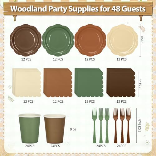 192Pcs Woodland Plates and Napkins Party Supplies, 9’’ Disposable Scalloped Sage Green and Brown Paper Plates, Woodland Baby Shower Party Decorations for Birthday, Animals Safari Party, Serves 48 - Image 2
