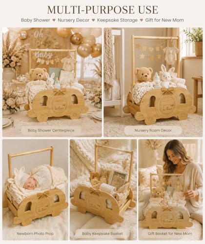 Fun-Plus Baby Shower Basket, Wooden Baby Shower Crate with Handle, Pumpkin Carriage Gift Basket for Baby Shower Centerpiece, Rustic Baby Gift Basket for New Parents - Image 2