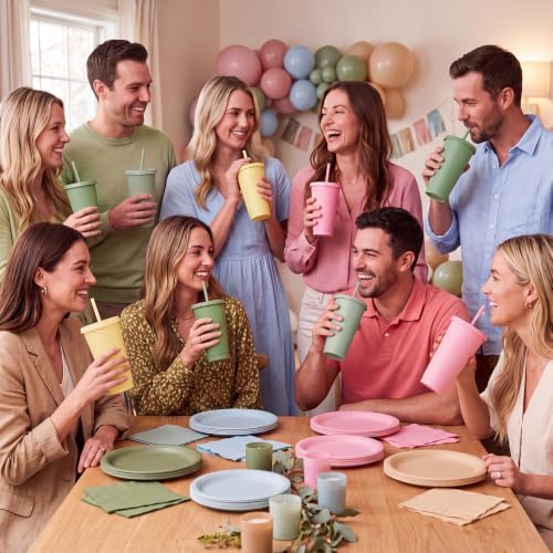 Skylety 24 Pcs Pink and Green Plastic Cups with Lids and Straws 24 oz - Image 6