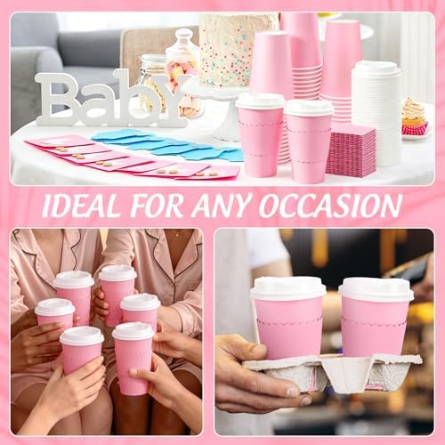 Whaline 100 Pcs Pink Disposable Coffee Cups with Lids and Sleeves 16 Oz Light Pink Insulated To Go Paper Cups for Home Restaurant Travel Wedding Birthday Baby Shower Party Supplies - Image 7