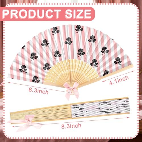 Roowest 36 Pcs Paris Themed Party Favor Folding Hand Fan Bulk Pink Stripes Eiffel Tower Paper Bamboo Handheld Fan with Bow French Pattern Folding Fans for Birthday Baby Shower Party Wedding Supplies - Image 3