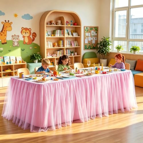 PARTISKY 12FT Long Pink Tulle Table Skirt for Rectangle Round Tables 3-Layer Ruffle Desk Teacher Skirt for Back to School Supplies Princess Girls Birthday Party Classroom Dorm Cake Dessert Decor by Partisky