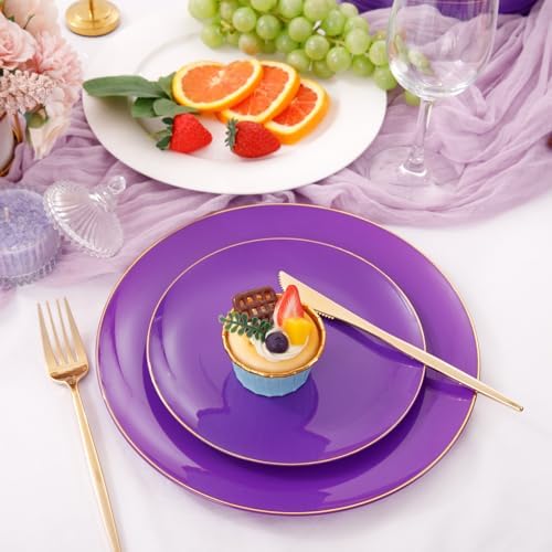 PULOTE 100PCS Purple Plastic Plates - Purple and Gold Disposable Include 50 Each (10.25 Inch Dinner & 7.5 Inch Dessert) Plates, Ideal for Party - Image 5