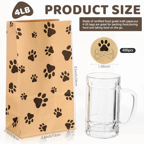 Meanplan 400 Pcs Paper Paw Bags with Footprint Paper Dog Treat Bags Bulk for Lunch Snacks Bread Candy Sandwich Popcorn Cookies Food Party Favors (Brown) - Image 2