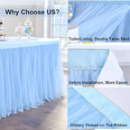 167in Baby Blue Tulle Table Skirts for Rectangle Tables 6/8ft, 2-Layer Gold Grim Ruffle Tulle Tutu Blue Cloth Table Skirt 14ft Decor Boy Birthday Party Baby Shower Cake Dessert Tables(No Table Cover) - Image 5