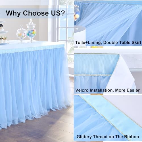 167in Baby Blue Tulle Table Skirts for Rectangle Tables 6/8ft, 2-Layer Gold Grim Ruffle Tulle Tutu Blue Cloth Table Skirt 14ft Decor Boy Birthday Party Baby Shower Cake Dessert Tables(No Table Cover) - Image 5