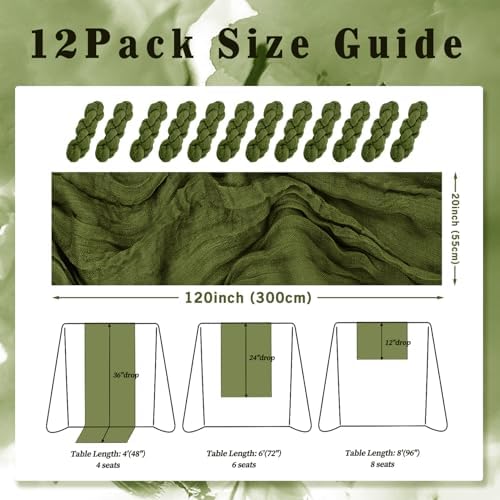 12 Pack Olive Green 10FT Cheesecloth Table Runner Rustic Gauze Cheese Cloth Table Runner for Wedding Bridal Baby Shower Table Decorations Boho Fabric Sheer Birthday Party Decor 20 x 120 Inch Long - Image 2