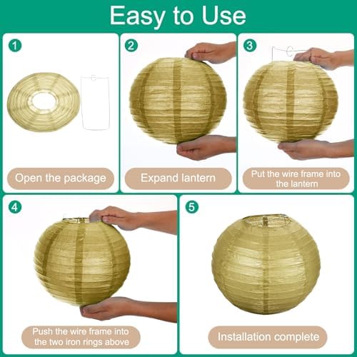 uxcell 3Pcs Gold Round Paper Lanterns 16" Chinese Paper Lantern - Image 3