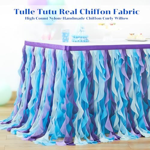 Partisky Mermaid Tulle Tutu Ruffle Curly Willow Table Skirt for Rectangle Table 9ft, Mermaid Themed Party Table Cloth for Girls Birthday Party or Baby Shower - Image 4
