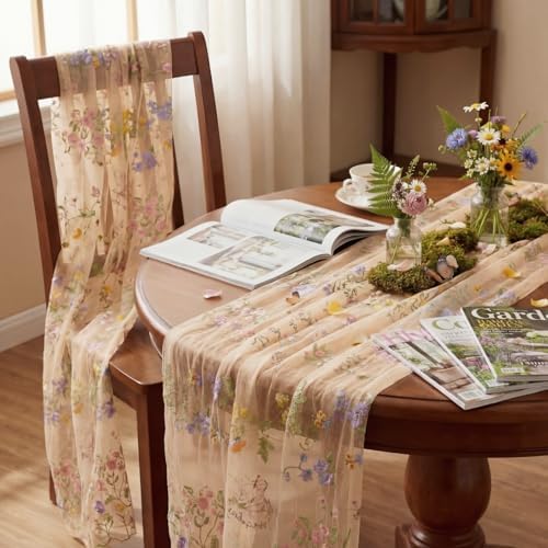Floral Table Runner 10ft Embroidery Tulle Spring Wildflower Gauze Table Runner Seasonal Summer Butterfly Kitchen Dining Decoration for Wedding Baby Shower Birthday Party (Champagne,10 Pcs) - Image 6