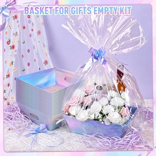AFOROEOA 20PACK Laser Baskets For Gifts Empty, 12x10x4” Holographic Iridescent Gift Basket Kit with 20 Bows & 20 Bags - Bulk Empty Gift Baskets to Fill for Large Weddings, Parties - Image 3