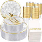 Rubtlamp 350 Pcs Clear Gold Plastic Plates, Hammered Disposable Dinnerware, Clear-Gold Plates Set Include 100 Plastic Platos, 150 Gold Disposable Silverware, 50 Cups And 50 Napkins for Party by Rubtlamp