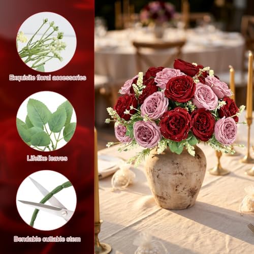 12 Bundles Peonies Artificial Flowers Bulk, Dusty Pink & Burgundy - Image 3