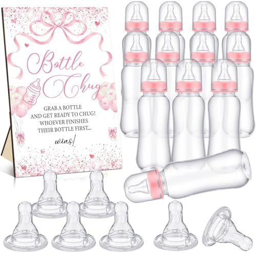 Trelaco 12 Pcs Pink Bow Themed Baby Shower Game Bottle Chug Wooden Sign Set by TrelaCo