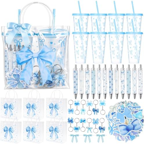 12 Sets Blue Bow Party Favors Includes 24 Oz Tumblers with Lids and Straws Pens Keychains Clear Gift Bags Coquette Aesthetic Gifts Set for Guests Bridal Baby Shower Birthday Party Supplies by Sariiraw