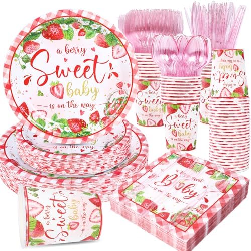 350 Strawberry Baby Shower Decorations for 50 Guests A Berry Sweet Baby is On The Way Party Supplies for Girls Disposable Dinnerware Set Paper Plates Napkins Cups by Yaniio