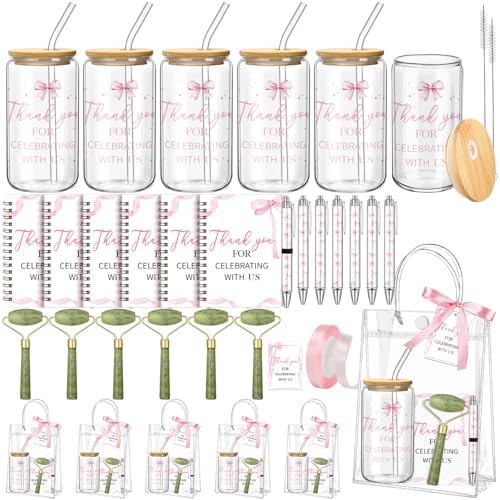 Reallnaive 6 Set Pink Bow Baby Shower Game Prizes for Player Winners Tumblers with Lids Straws Roller for Face Pens Spiral Notebooks Gift Bags for Baby Bridal Shower Wedding Game Favors by Reallnaive