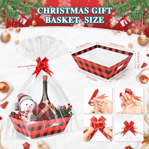 AFOROEOA 10PACK Christmas Gift Baskets Empty, Baskets For Gifts Empty 10x12”Thick Gifts Basket with 10 Bows 10 Bags Gift Basket for Christmas Xmas Wedding Birthdays Party Wrapping （Red Plaid） - Image 3