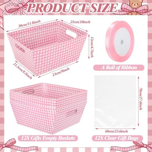 FoldTier 10 Pack Pink White Gingham Baskets for Gifts Empty 10" x 12" Thick Kraft Gift Basket with 10 Bows 10 Bags Empty Paper Baskets for Baby & Bridal Shower Wedding Birthday Party Wrapping - Image 2
