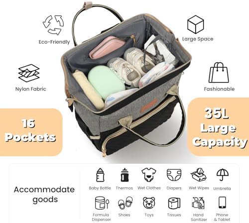 ROSEGIN Diaper Bag Backpack with Changing Pad, Pacifier Case, Baby Bag for Boy Girl Toddler - Large, Stylish, Waterproof Travel Quilted Diaper Bag for Mom - Baby Shower - Black Grey - Image 2
