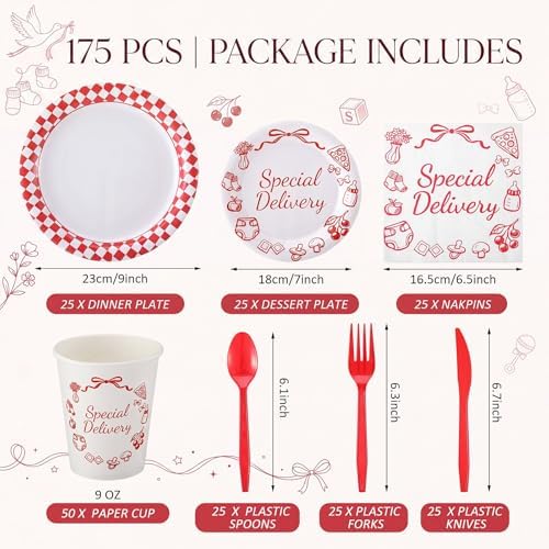 LemonRoad 175 Pcs Special Delivery Pizza Baby Shower Party Set Serves 25 Guests, 9'' Dinner Plates 7'' Dessert Plates 9oz Cups Red White Gender Neutral Disposable Tableware for New Baby Welcome Party - Image 2