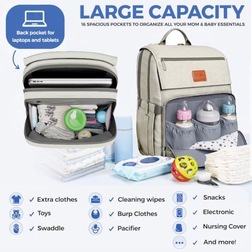 Baby Shower Gifts Diaper Bag Backpack, Baby Diaper Bag, Large Baby Bag for Boys & Girls, Waterproof, 16 Pockets, Insulated Bottle Holders, Durable,Travel-Friendly & Lightweight,Easy Organization,Beige - Image 2