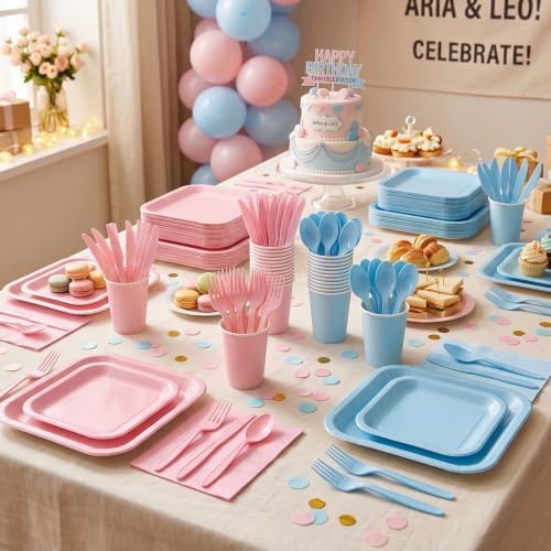 Vyntra 350 Pcs Pink & Blue Square Paper Plates and Napkins Set, Serves 50 - Image 4