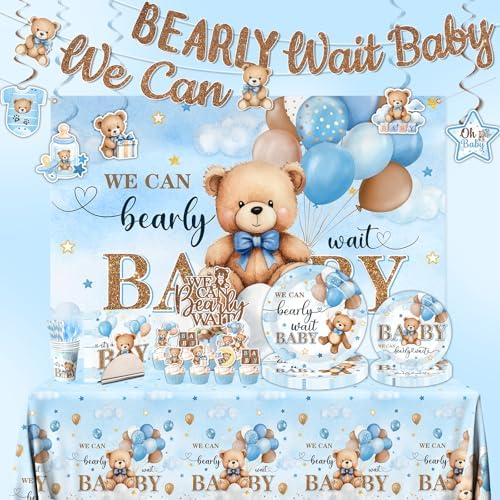 Blue Bear Baby Shower Decorations for Boy, All-in-1 Bear Party Decorations with Balloon Arch Kit Wood Grain Baby Boxes Plates Napkins Cake Toppers Tablecloth Backdrop Blue and Brown Baby Shower Decor - Image 4