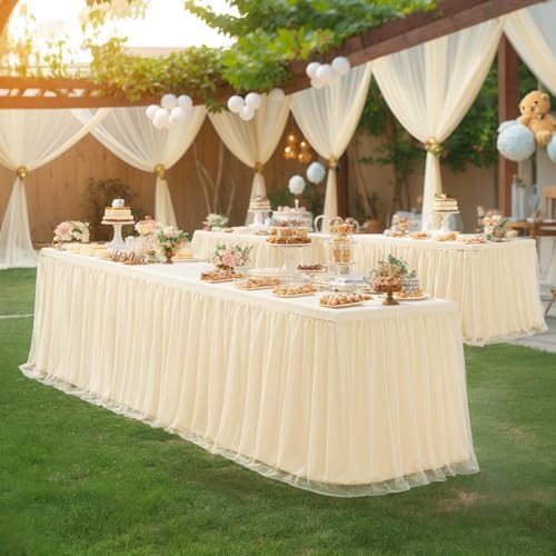 6 Pack 8ft Champagne Tulle Tablecloths for Rectangle Tables, 8 Foot Champagne Rectangular Table Cloth, Wrinkle Free Table Cover with Tutu Skirt for Wedding Birthday Party Banquet Buffet Bridal Shower - Image 5