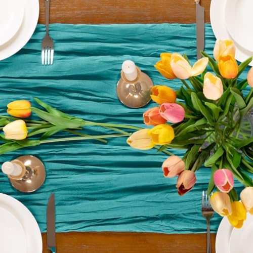 Teal Cheesecloth Table Runner Boho Wrinkled Gauze Table Runners - Image 6