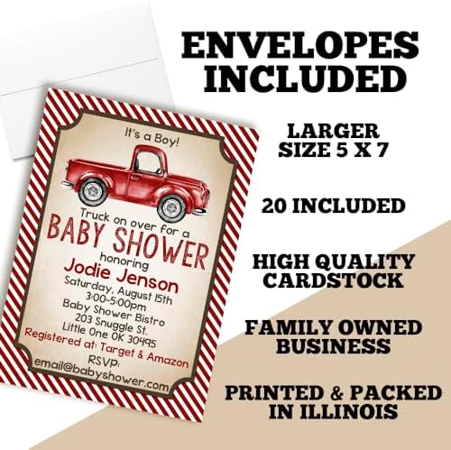 Amanda Creation Custom Baby Shower Invites Red Truck Baby Shower Invitation 20 5x7 Custom Personalized Invites With Envelopes - Image 6